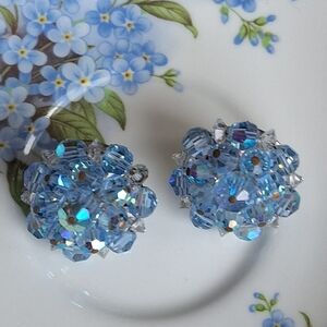 Laguna Blue Crystal Beaded Clip-On Cluster Earrings MCM Glamour AB Sparkle